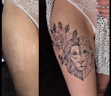 女性腹部伤疤遮盖的一组纹身效果图