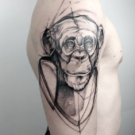 猴子纹身：好看的一组猴子猩猩主题的黑灰纹身图案