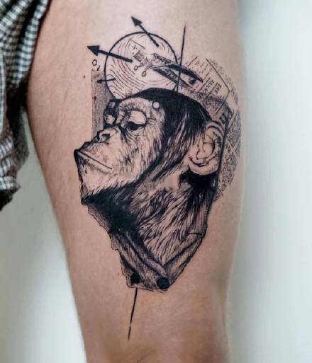 猴子纹身：好看的一组猴子猩猩主题的黑灰纹身图案