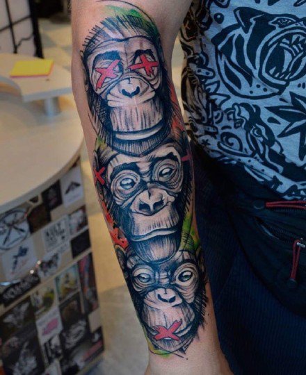 猩猩纹身 不同风格的一组9张猩猩猴子纹身图片