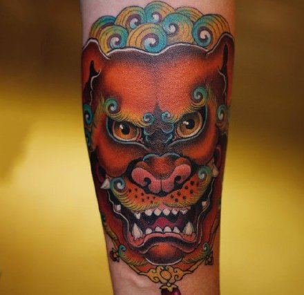 传统6款小腿唐狮纹身图案-越南纹身师Jun Teppei作品