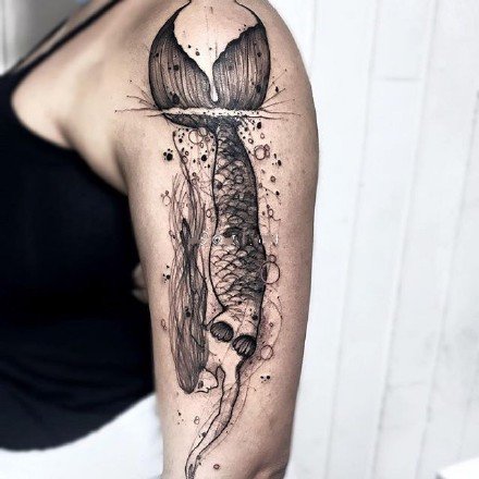 点线美人鱼纹身 黑灰色的9款帅气美人鱼纹身作品