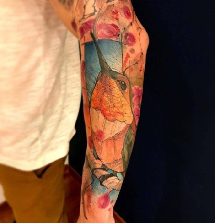 重彩色的一组水彩花臂花腿纹身作品图案
