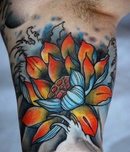 传统的9款彩色莲花牡丹等花卉纹身图案