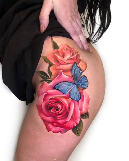 一组彩色美丽的花朵女生纹身图案参考