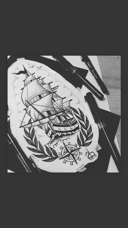 一组school风格的漂亮帆船纹身作品和手稿