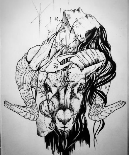 暗黑风格的9款适白羊座的恶魔撒旦羊头角纹身图案