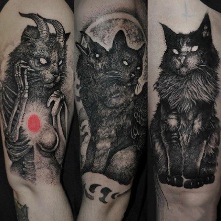 暗黑风格的9款猫纹身图案作品