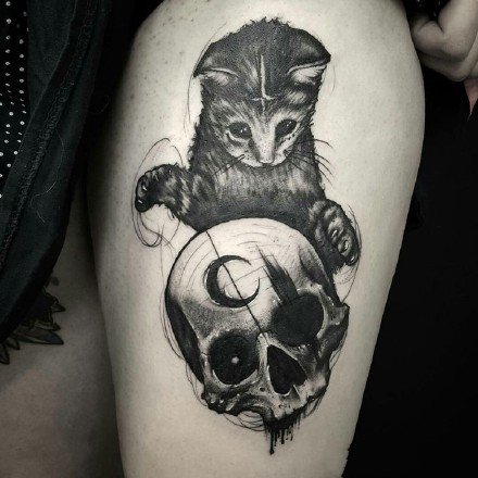 暗黑风格的9款猫纹身图案作品