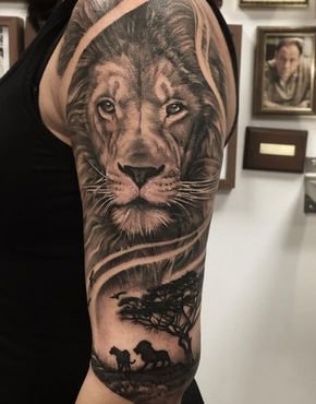 包大臂和小臂的9款黑灰色写实狮子纹身图案