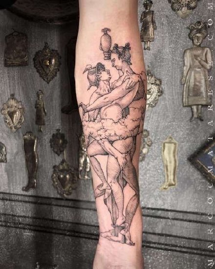大腿大臂上一组西方铜版画纹身图案