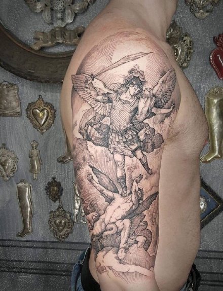 大腿大臂上一组西方铜版画纹身图案