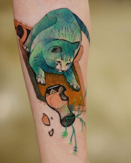 蓝绿色创意的一组猫主题纹身图片