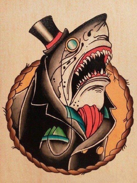 彩色school风格的一组鲨鱼纹身图片
