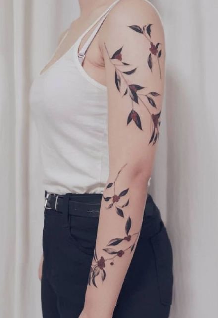 植物花臂 环绕整个手臂的植物线条创意纹身图片
