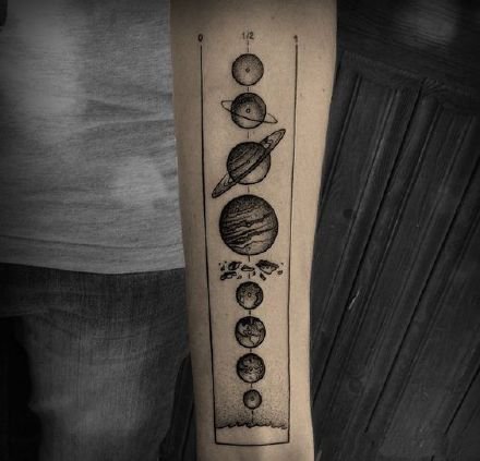 小臂星球纹身 小臂胳膊上的一串星球纹身作品图