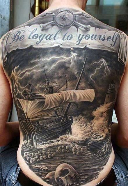 航海纹身 大面积满背航海主题的骷髅海盗船纹身作品