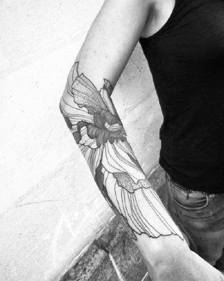 植物花臂纹身 9款素花植物的黑灰点刺花臂纹身作品图案