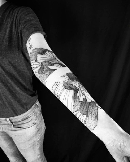 植物花臂纹身 9款素花植物的黑灰点刺花臂纹身作品图案