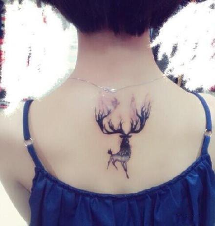 女生后颈背部的小清新鹿头鹿角纹身图案
