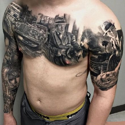 男性纹身花胸 男性胸前的9款黑色大花胸纹身图案