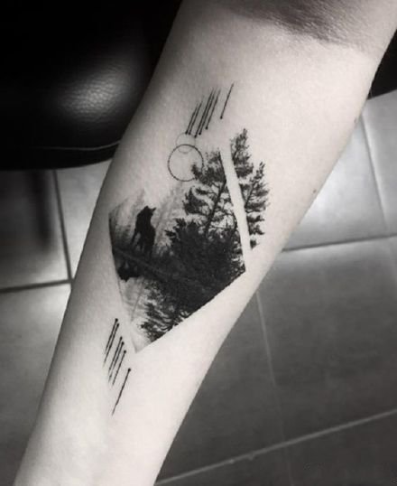 有山有水有树林的9款黑灰风景纹身图片