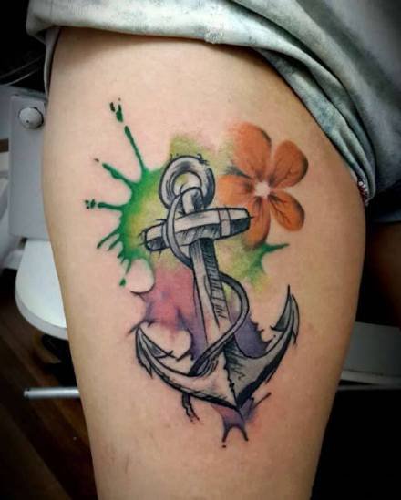 水彩花朵和船锚主题的一组船锚纹身图案
