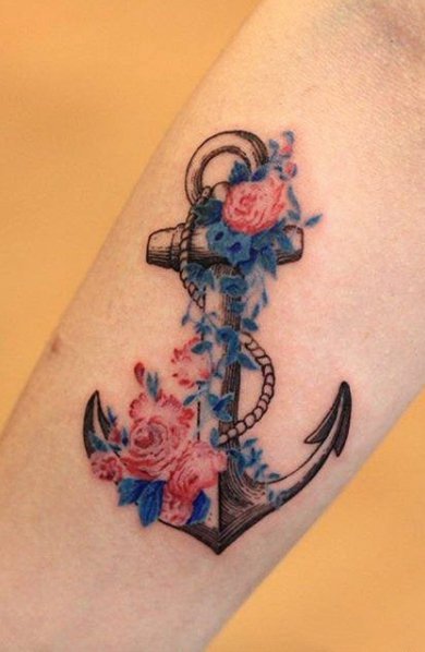 水彩花朵和船锚主题的一组船锚纹身图案
