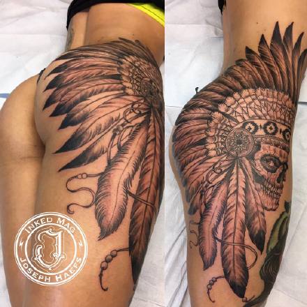 女性臀部大腿处的一组大面积个性纹身作品