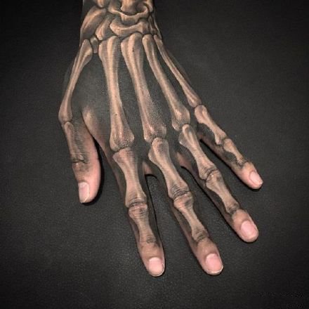 逼真3d效果的手背骷髅骨骼纹身作品