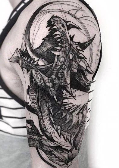 龙头主题的一组纹身作品,神龙见首不见尾