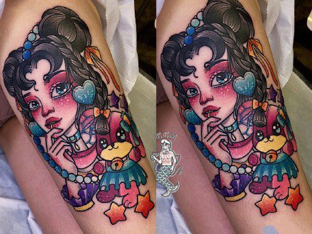 一组可爱的彩色花臂纹身图案