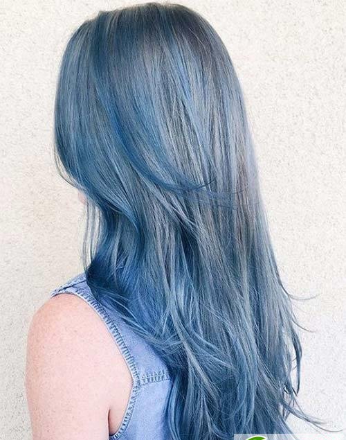 中长卷发蓝色染发效果 水冰蓝色染发发型