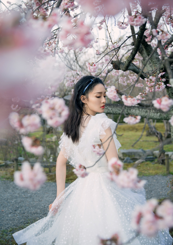 李沁穿仙女裙在樱花下唯美浪漫写真