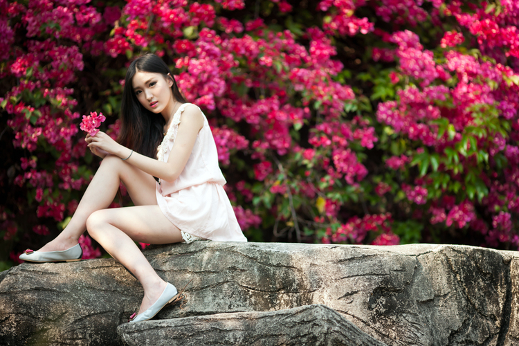 岩石上与花争艳的清纯少女