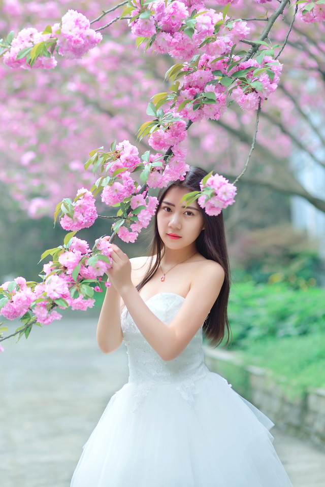 清纯白色婚纱美女桃花下灿烂写真