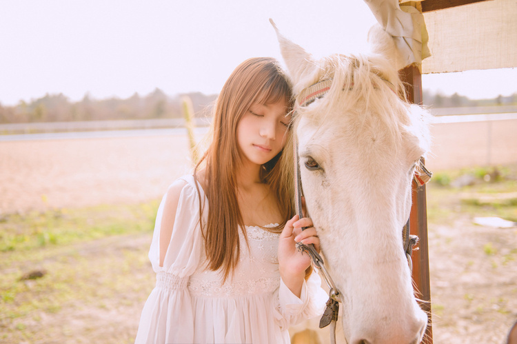 马场静逸少女与白马的一个梦