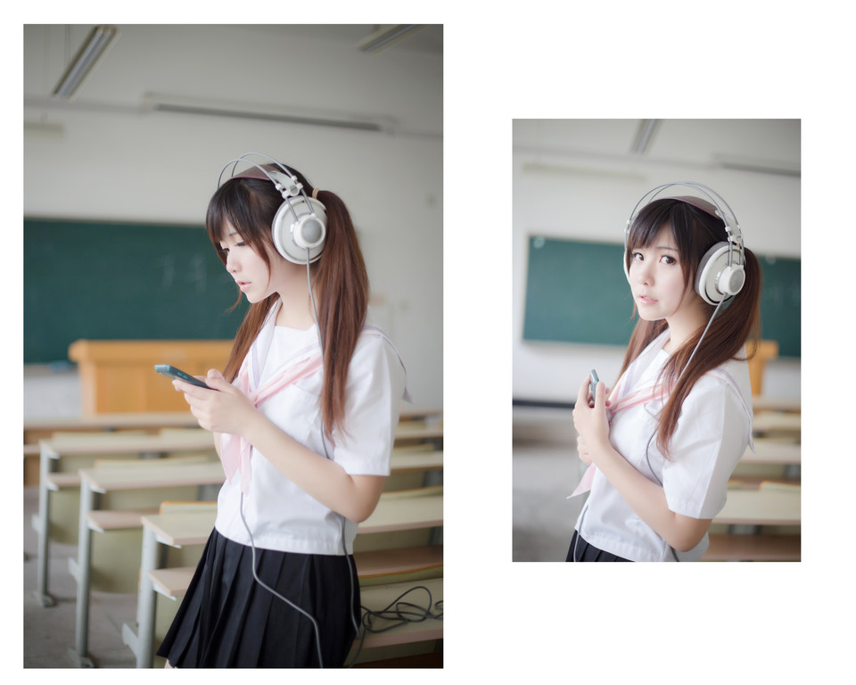 教室里静静的享受音乐的少女