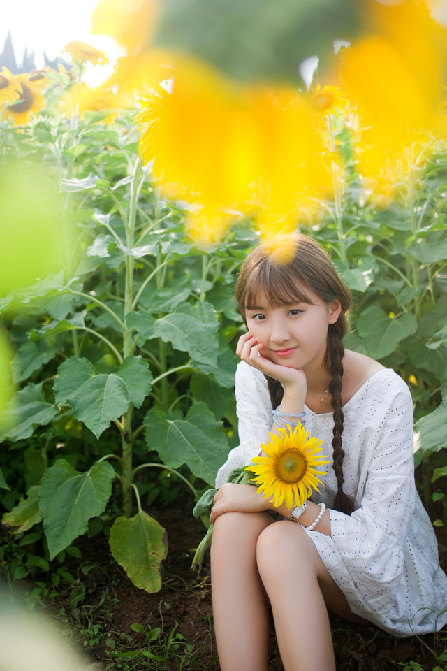 麻花辫少女清新向日葵图片