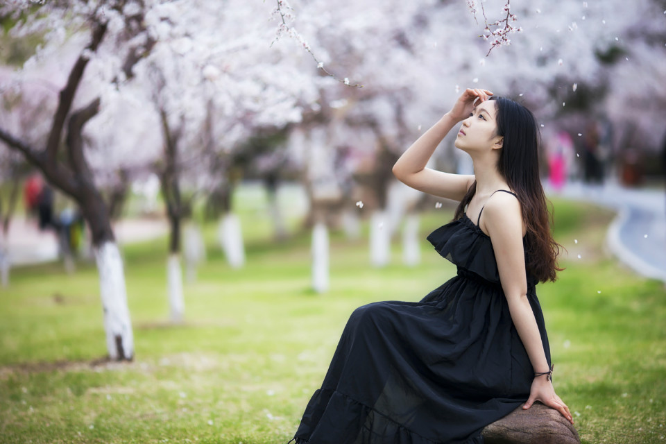 黑裙子落寞美女漫步花海中