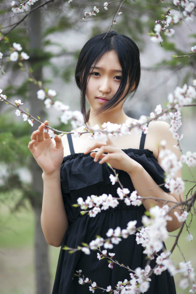 黑裙子落寞美女漫步花海中