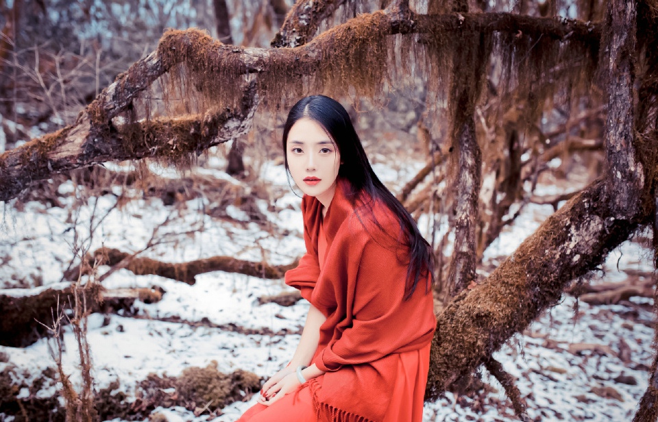 雪地里红衣美女美艳动人