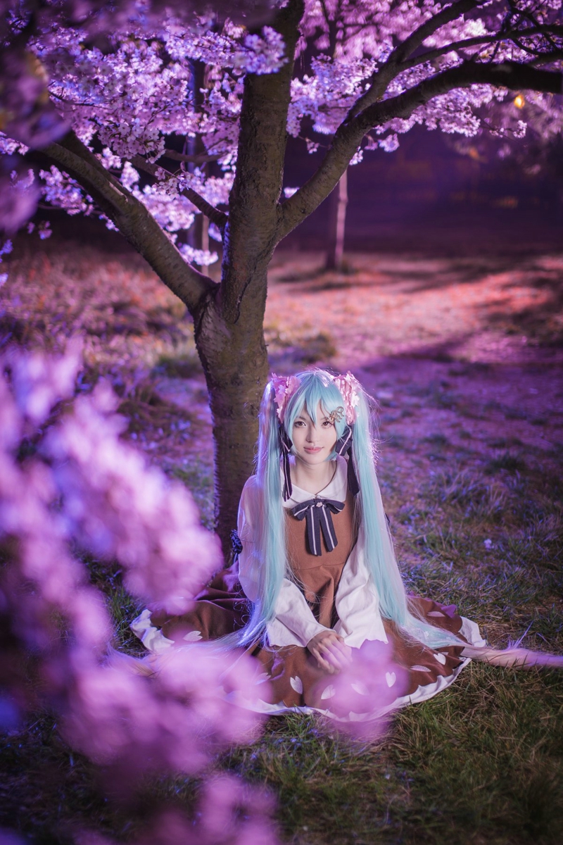 穿衣搭配樱花美女初音未来夜景主题cos