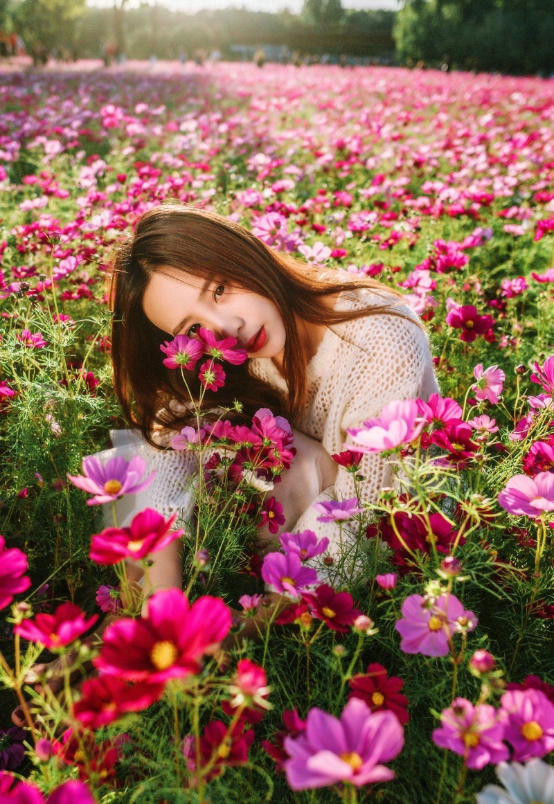 中分长发女神花海中迷人魅力