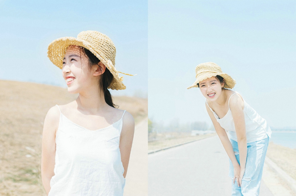 夏日阳光下的草帽少女青春活力