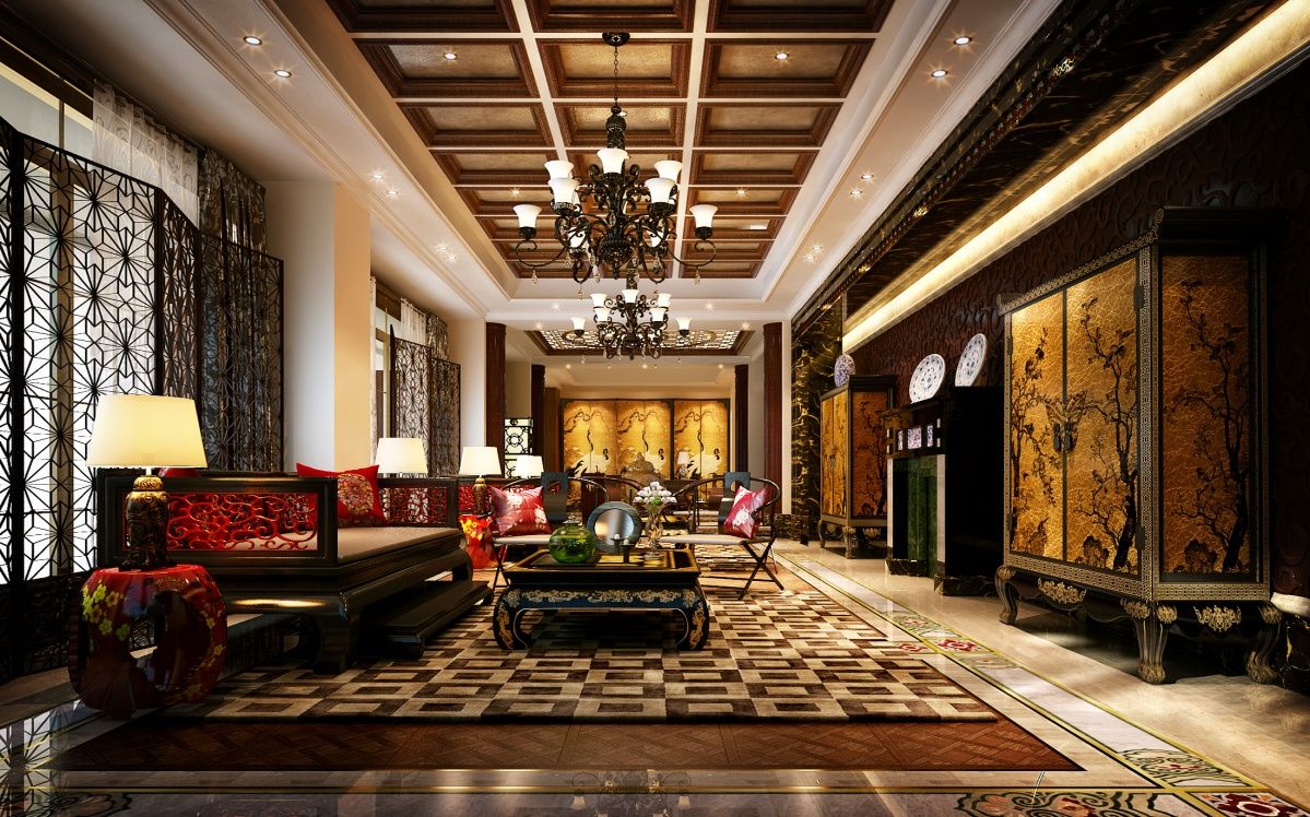 中式风格华丽褐色客厅吊顶装潢案例