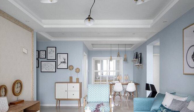 三居室浅蓝色墙面北欧风格装修效果图欣赏
