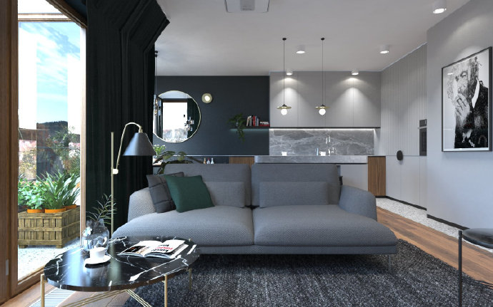 波兰79平现代风阁楼公寓，大理石塑造轻奢感
