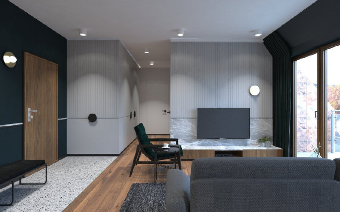 波兰79平现代风阁楼公寓，大理石塑造轻奢感