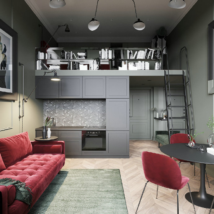 超精致的北欧loft小公寓 - 红绿色系的经典搭配